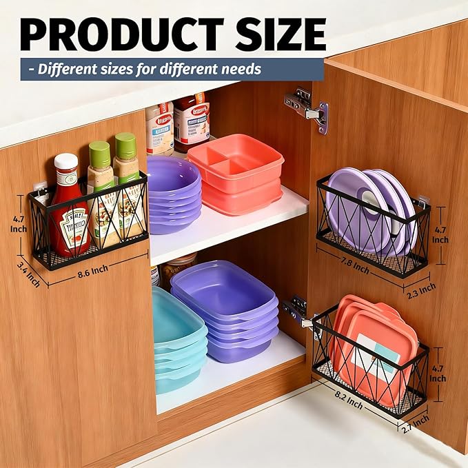 Rise age Tupperware Organizer for Cabinet, Adhesive Cabinet Door Organizer Wall Mounted Lid Organizer No Drill Kitchen Cabinet Organizers Storage for Slim Space 3 Pcs Black Stainless Steel