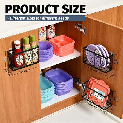 Rise age Tupperware Organizer for Cabinet, Adhesive Cabinet Door Organizer Wall Mounted Lid Organizer No Drill Kitchen Cabinet Organizers Storage for Slim Space 3 Pcs Black Stainless Steel