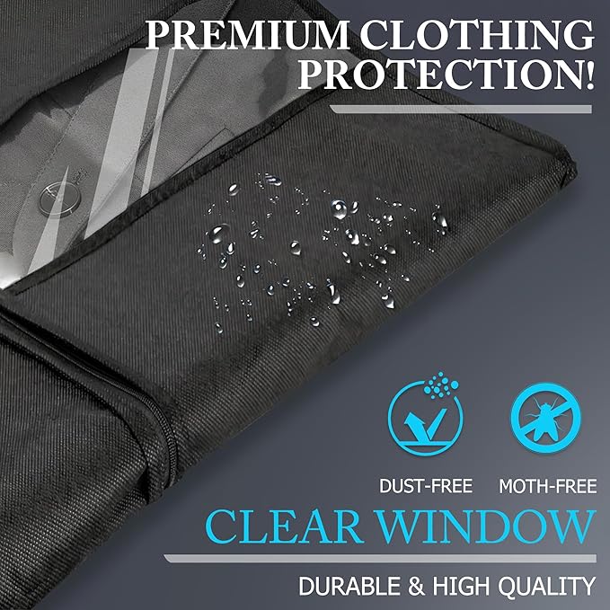 Hleelomi 60-inch Garment Bags for Travel, Garment Bags for Hanging Clothes with Zipper and Visible Transparent Window, 2 Pack，Black