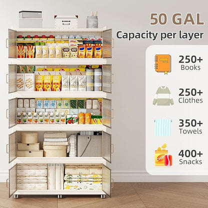 SAILUN 400Gal Extra Large Stackable Storage Bins with a Lid, Collapsible Storage Bins With Doors and Wheels, Foldable Storage Cabinet for Garage Closet Organization, Beige, 5Pack 39.4" W