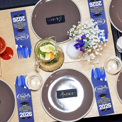 Funnymoom 400 Pcs 2026 Graduation Wrapped Silverware Bags Holder - Disposable Dinnerware Set Includes Plastic Spoons Knives and Forks, Class of 2026 Parties School Congrats Supplies(Dark Blue)