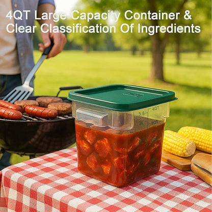 4 Pack 4QT Food Storage Containers with Green Lids, Clear Square Restaurant Commercial Food Storage Containers with Handle and Scale, Marinating Container Dough Rising Bucket for Home & Dining