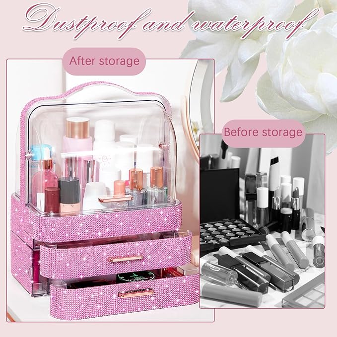 Honeydak Bling Makeup Organizer for Mothers Day Nurses Day Birthday Gifts Rhinestone Cosmetic Display Cases with Transparent Cover, Skincare Perfume Organizer for Countertop, Desk(Pink,Rhinestone)