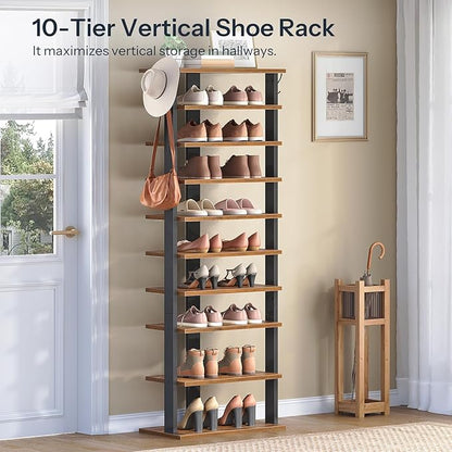 HOOBRO 10 Tiers Vertical Shoe Rack, Wooden Shoe Storage Organizer with Hooks, Narrow Shoe Tower for 20 Pairs, Space Saving, for Entryway, Living Room, Bedroom, Rustic Brown FG140XJ01