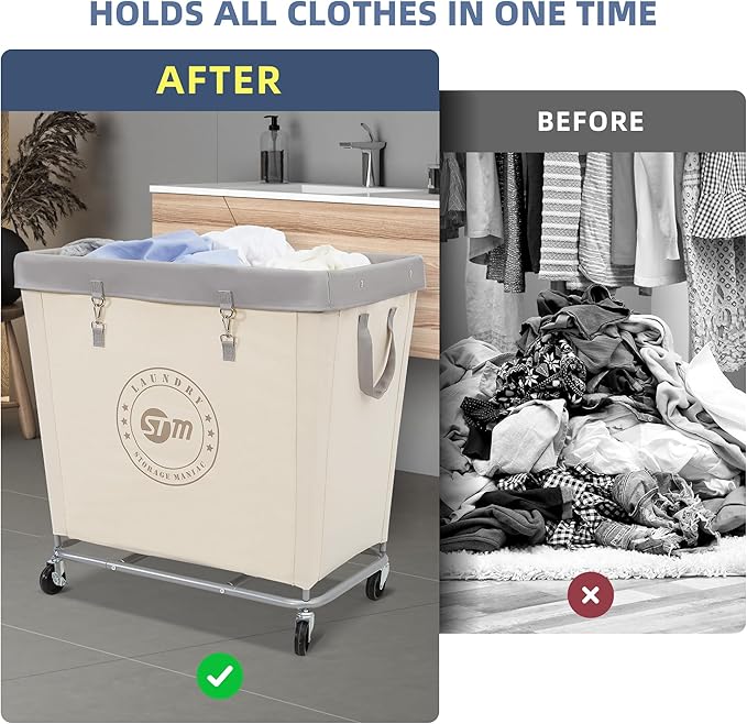 STORAGE MANIAC Commercial Laundry Hamper with Heavy Duty Steel Frame, 320 L Industrial Laundry Basket Cart with Wheels for Hotel, Home, Laundry Room, 31.7''L x 19.3''W x 30.91''H, Large Beige