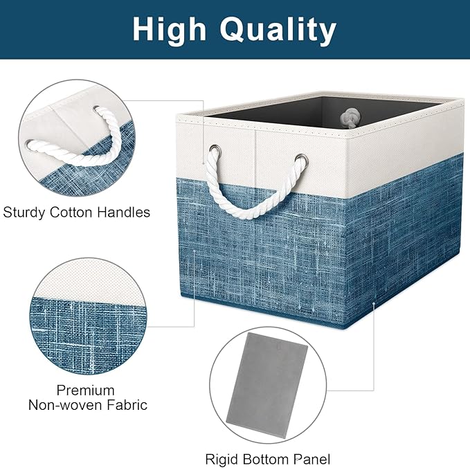 Fab totes Storage Bins 6-Pack, Foldable Storage Baskets for Organizing Toys, Books, Shelves, Closet, Large Storage Box with Rope Handles, Sturdy Organizer Bins, White & Blue