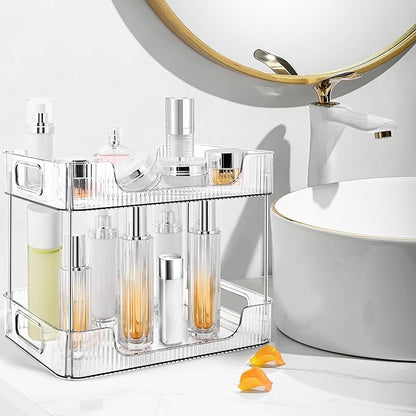2-Tier Bathroom Counter Organizer Countertop Storage, Dresser Organizer Vanity Tray for Makeup, Perfume Organizer Cosmetics Skincare Shelf- Clear