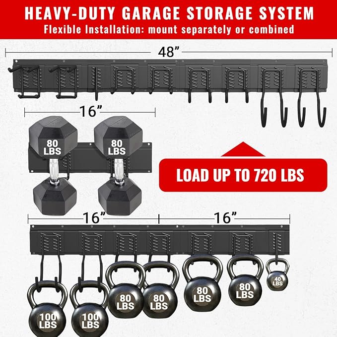 Garage Tool Organizer Wall Mount, Easy to 48inch Install Heavy-Duty Garage Storage System with Adjustable 9 Hooks, Garden Tool Rack for Shovels, Rakes, Yard Tools
