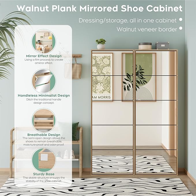 Yechen Mirror Shoe Cabinet with 5 Flip Drawers, Shoe Rack Storage Organizer, Entryway Shoe Cabinet for Front Door,Foyer,Hallway (1 Piece, Mirror Silver)