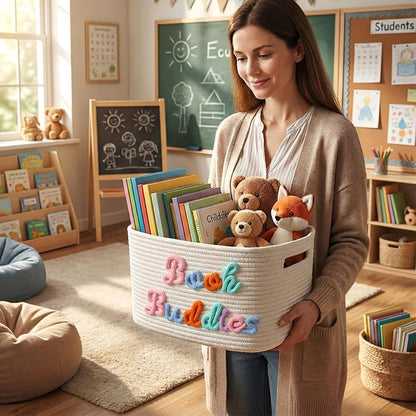 Threehoney Book Buddies Basket Preschool Book Toy Storage Basket with Handle Woven Cotton Rope Organizer for Back to School Kindergarten Preschool Classroom Graduation 15 x 10 x 9 Inches(Multicolored)