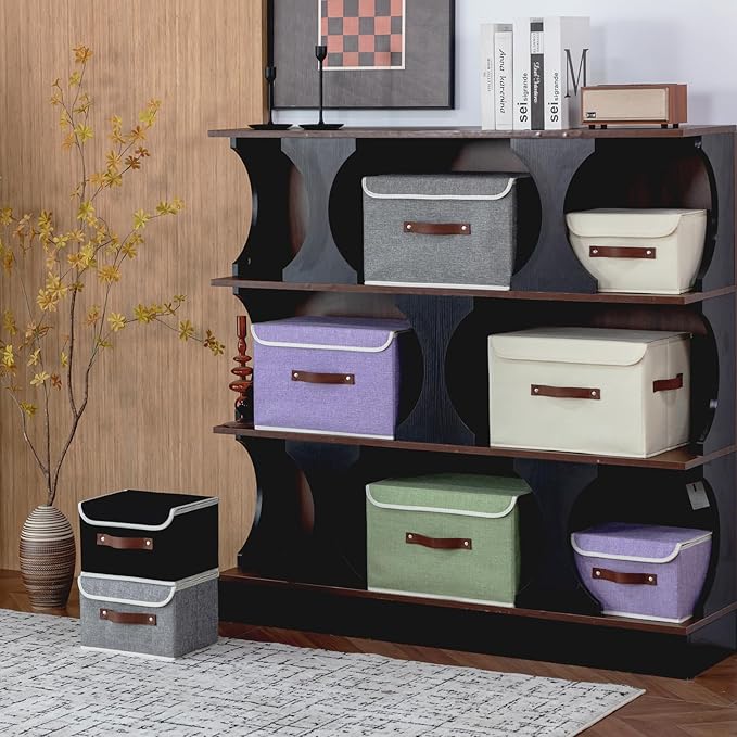 2PCS Storage Bins Box with Lids Decorative Cotton Linen Fabric Baskets Cubes with Handles PP Plastic Board Foldable Washable Lidded Clothing Shelf Closet Organizer Container (Black, Large)