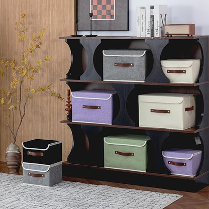 Storage Bins Box with Lids Decorative Cotton Linen Fabric Baskets Cubes with Handles PP Plastic Board Foldable Washable Lidded Clothing Shelf Closet Organizer Container (Beige, Small)