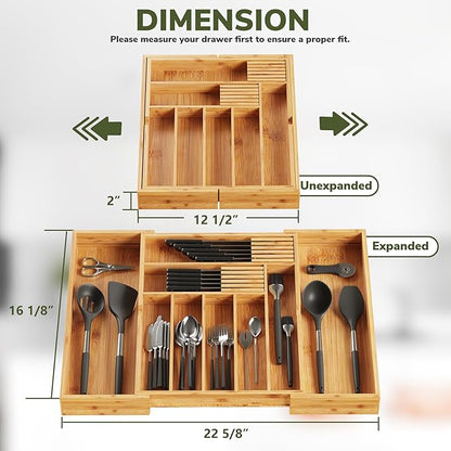 BAMEOS Bamboo Drawer Organizer Expandable Kitchen Silverware Organizer with 7-9 Deep Compartments, Bamboo Reinforced Cutlery Tray, Adjustable Utensil Holder for Kitchen(16.1"-22.4" Wide, Natural)