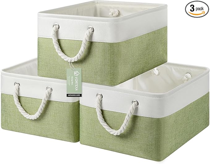 Large Storage Baskets- 15.7x11.8x8.26 inch Storage Bins for Shelves and Closet Organizing, Foldable Fabric Bin for Home Organization Clothes and Laundry (3-Pack, White&Green)