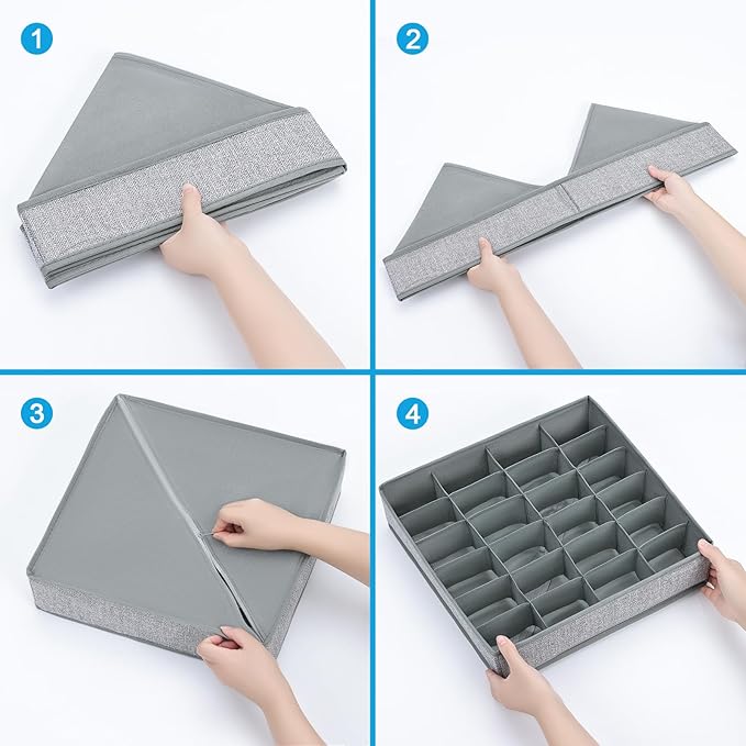 Sock Organizer 4 Pack, Foldable Underwear Drawer Organizer - 24 Cell for Socks, Handkerchiefs, Ties, Belts (Gray)