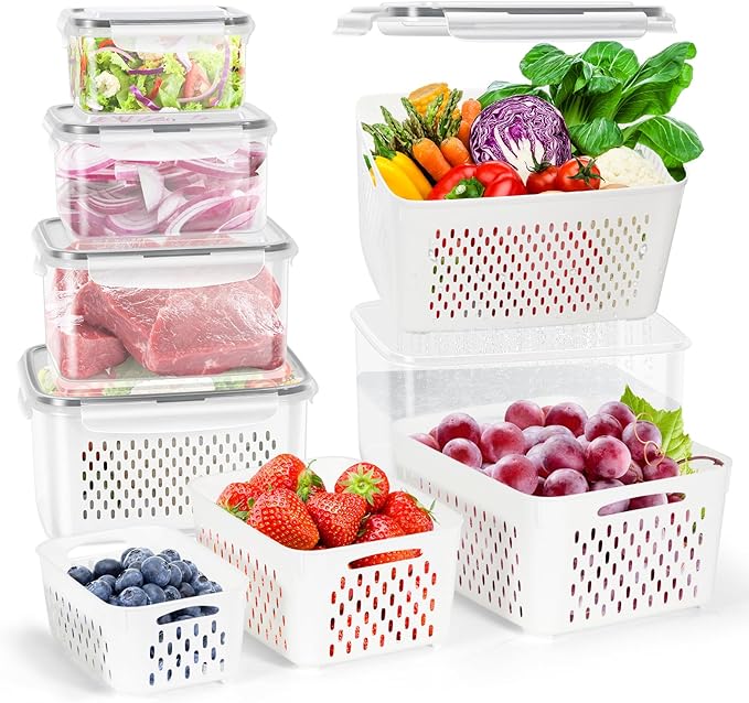 10 Pieces Fruit Storage Container for Fridge, 5 Pack Plastic Fruit Containers for Fridge with Removable Colander, Container for Fruit Berry Salad, BPA Free Kitchen Refrigerator Organizers