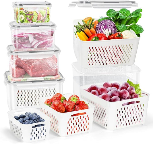 10 Pieces Fruit Storage Container for Fridge, 5 Pack Plastic Fruit Containers for Fridge with Removable Colander, Container for Fruit Berry Salad, BPA Free Kitchen Refrigerator Organizers
