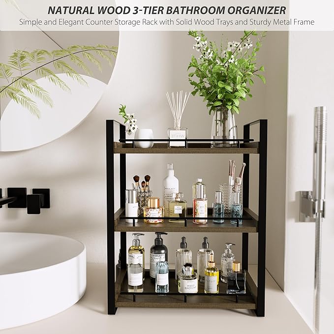 Bathroom Counter Organizer, 3 Tier Wood Countertop Shelf for Vanity, Skincare, Makeup, Kitchen Coffee and Sink Storage, with Durable Metal Bracket (Dark Brown)
