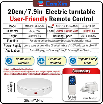 Remote Motorized Electric Turntable Rotating Display Stand Spinning Rotating Platform 360 Photography Turntable Motorized Spinning Platform for Photography,Display,3D Scaner
