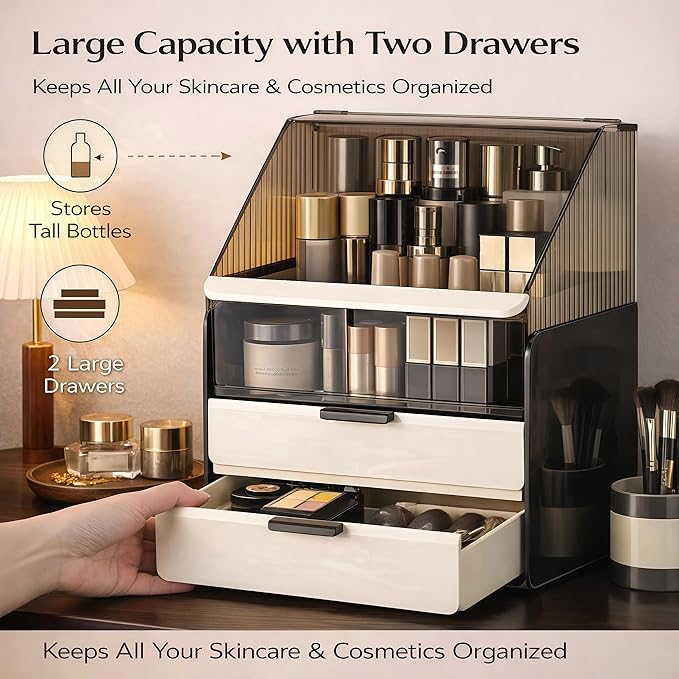 Large 3-Tier Makeup Organizer with Drawers and Lipstick Holder, Dustproof Waterproof Skincare Storage Box for Bathroom Countertop, Vanity Cosmetic Organizer,Clear Black/White