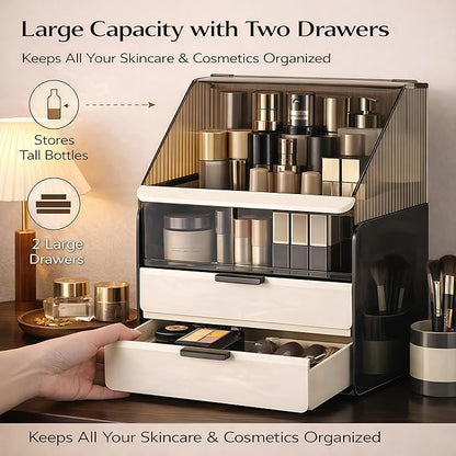 Large 3-Tier Makeup Organizer with Drawers and Lipstick Holder, Dustproof Waterproof Skincare Storage Box for Bathroom Countertop, Vanity Cosmetic Organizer,Clear Black/White