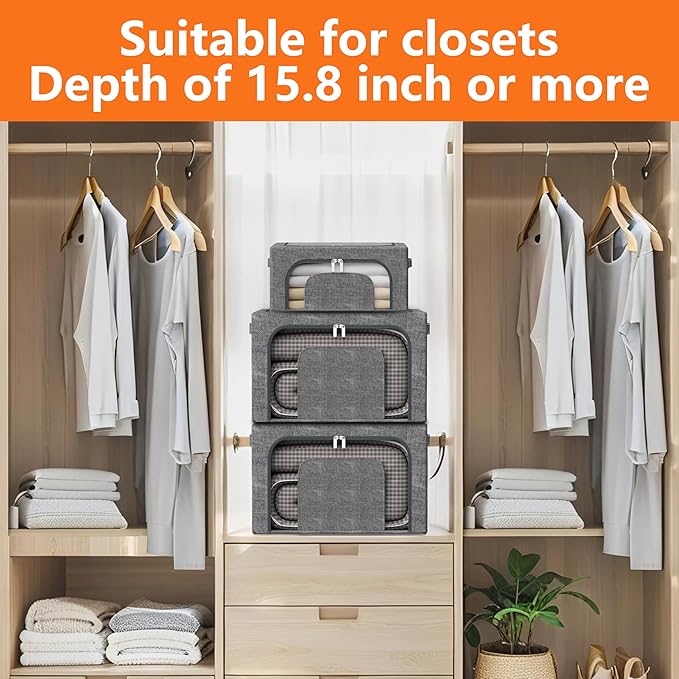Stackable Clothes Storage Bins with Metal Frame, 4 Piece Stackable Clothes Organizer with Double Opening + Clear Window Design for Cabinets, Under Beds, Storage and Garage Gray 2 * 22 L + 2 * 64 L