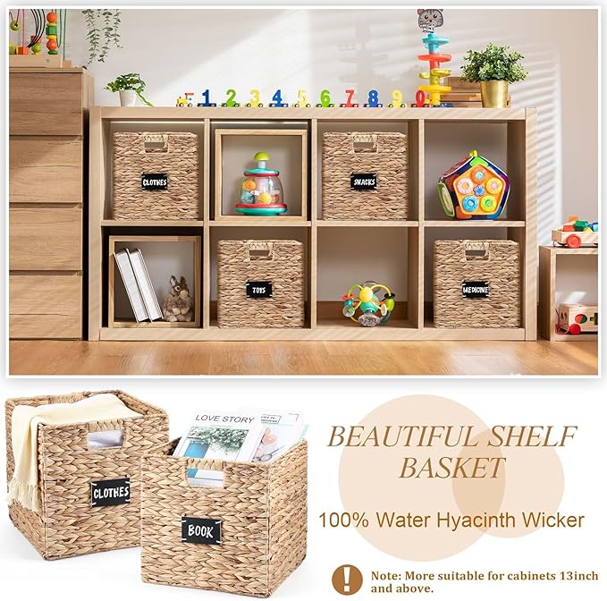 Jinei 12 Pcs Wicker Storage Basket Bulk, 10 x 10 x 10 Inch Handwoven Hyacinth Folding Cube Bin with Handles Labels for Shelves Pantry Laundry Organization