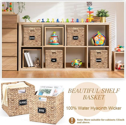 Jinei 12 Pcs Wicker Storage Basket Bulk, 10 x 10 x 10 Inch Handwoven Hyacinth Folding Cube Bin with Handles Labels for Shelves Pantry Laundry Organization