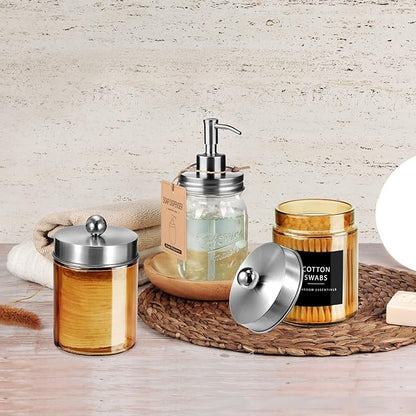 Amolliar Bronze Glass Apothecary Jar, Qtip Holder Metal Lid & Stickers, Bathroom Qtip Dispenser Storage, Canister for Cotton Balls, Cotton Swabs, Makeup Pads, Bath Salt, Floss, 4 Pack (Brushed Nickel)
