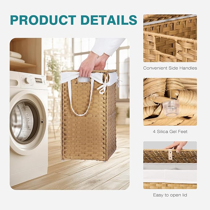 DUMOS Wicker Laundry Basket with Lid, 110L Woven Laundry Hamper with Handles, Foldable Rattan Clothes Hamper with Removable Liner & Sturdy Steel Frame, Goose Yellow