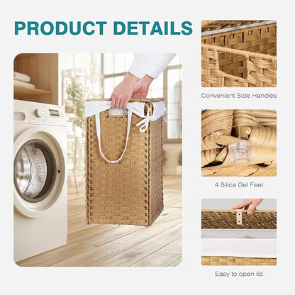 DUMOS Wicker Laundry Basket with Lid, 110L Woven Laundry Hamper with Handles, Foldable Rattan Clothes Hamper with Removable Liner & Sturdy Steel Frame, Goose Yellow