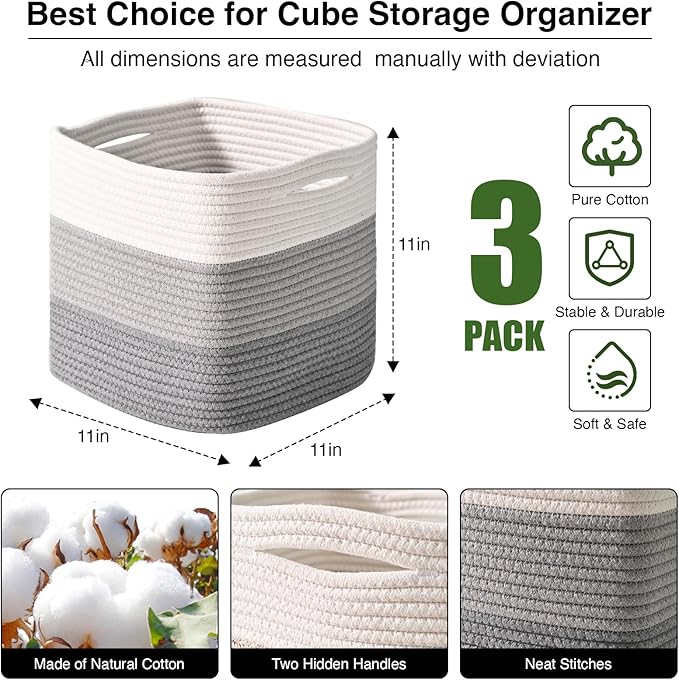 ICERZCZ 11 Inch Cube Storage Bins, Storage Cube Organizer Bins, Woven Cotton Rope Basket for Storage, Storage Baskets for Organizing Shelves, Grey Baskets for Toys, Gradient Grey (Pack of 3)