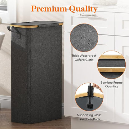 Lifewit 65L Slim Laundry Hamper with Lid, Narrow Laundry Basket with Removable Bag & Bamboo Handles, Fodable Thin Dirty Clothes Hamper for Laundry Collapsible Bin for Bathroom Bedroom Dorm, Dark Gray
