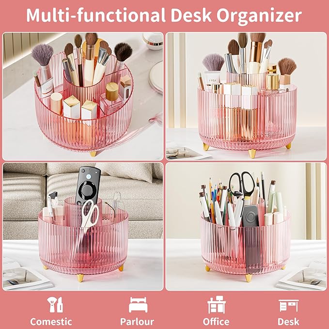 Clear Rotating Makeup Organizer Countertop for Vanity, 360° Makeup Brush Holder Organizer with 5 Compartments, Transparent Cosmetic Storage for Lipstick, Skincare, Bathroom Counter (Transparent Pink)