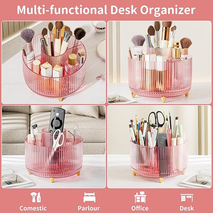 Clear Rotating Makeup Organizer Countertop for Vanity, 360° Makeup Brush Holder Organizer with 5 Compartments, Transparent Cosmetic Storage for Lipstick, Skincare, Bathroom Counter (Transparent Pink)
