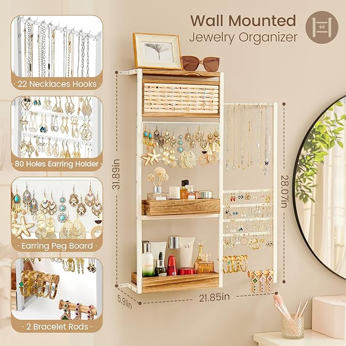 Pinzoveco Hanging Jewelry Organizer Wall Mounted, Large Hanging Jewelry Organizer Holder for Necklaces,Bracelest,Earrings,Rings,Watched,Makeup & Perfume (White)