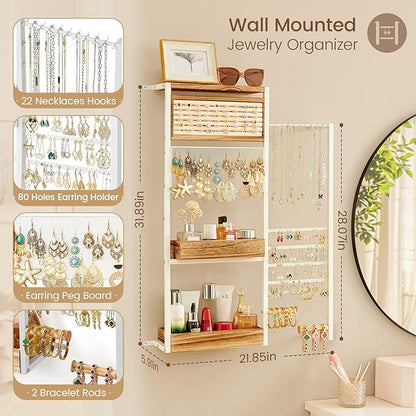 Pinzoveco Hanging Jewelry Organizer Wall Mounted, Large Hanging Jewelry Organizer Holder for Necklaces,Bracelest,Earrings,Rings,Watched,Makeup & Perfume (White)