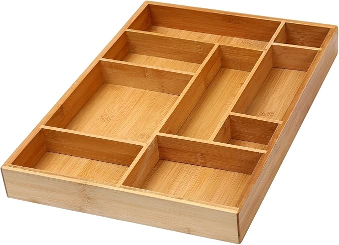 YBM HOME Bamboo Junk Drawer Organizer with 9 Compartment Organization Tray for Sewing, Craft, Office, Bathroom and Kitchen Storage, 337