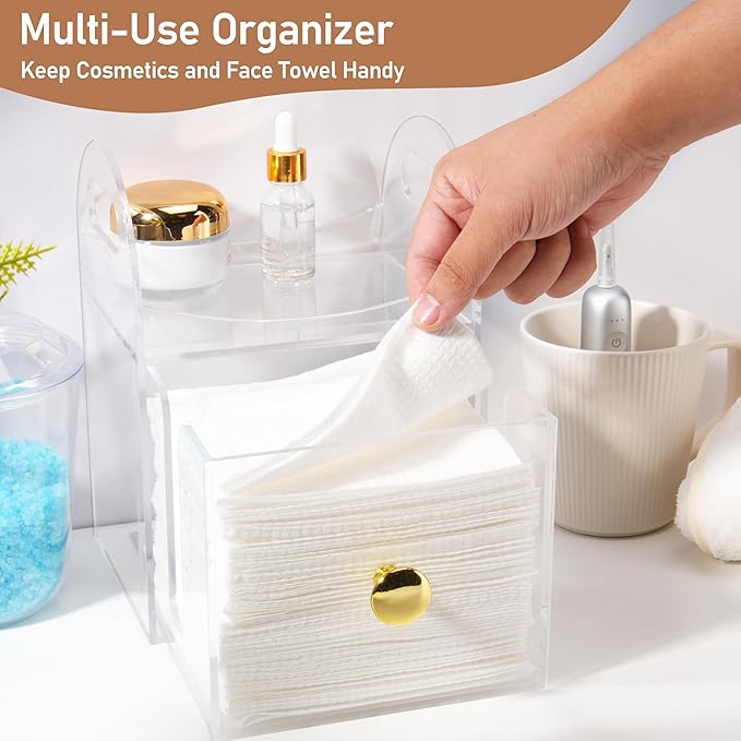 Acrylic Disposable Face Towel Storage Box Compatible with Clean Skin Club Clean Towels XL, Face Towel Holder with Drawer for Bathroom, Makeup Organizer for Vanity Table (Excluding Facial Towels)