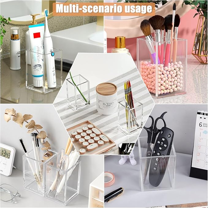 Cerpourt 3 Pack Clear Acrylic Makeup Brush Holder,Acrylic Cosmetic Brushes Storage Organizer,Pencil Pen Holder Cup for Desk,Modern Design Desk Accessories for Office School Home Supplies