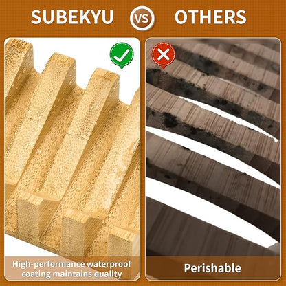 SUBEKYU Bamboo Soap Dish Self Draining Wooden Bar Soap Holder Soap Saver for Shower Slope Drainage Design with Waterproof Layer Wood Soap Dish for Bathroom and Kitchen,1P