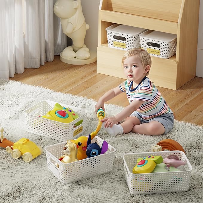 8 Pcs Plastic Storage Baskets with Plastic Lids and Labels 5.29qt Stackable Box Basket Pantry Decorative Containers, Small Storage Bins for Desktop Shelves Drawers Closets Office Cabinets 10*7.2*4.1"