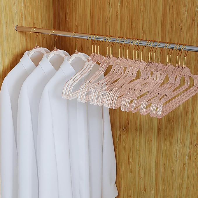 50 Pack Clear Plastic Hangers with Pink Glitter, Acrylic, Ultra Slim, Space Saving, for Coats, Pants, Suits, Shirts, Skirts, Dress Clothes