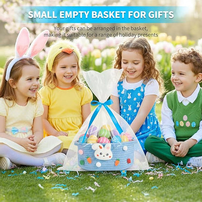 ShellKingdom Empty Gift Basket with Gift Bags and Ribbon, Birthday Basket for Boys Girls, Storage Woven Basket with Handles for Home Organizer, 12 X 8 X 5 INCH, Easter Blue