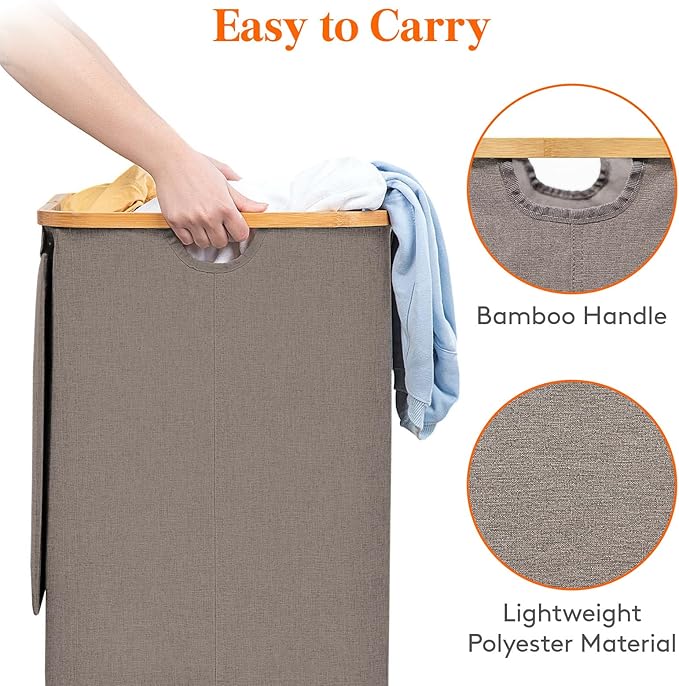 Lifewit 80L Laundry Basket with Lid, Clothes Hampers for Laundry with Bamboo Handles and 1 Removable Bag, Large Foldable Laundry Hamper for Bedroom, Bathroom, Dorm, Laundry Room, Brown