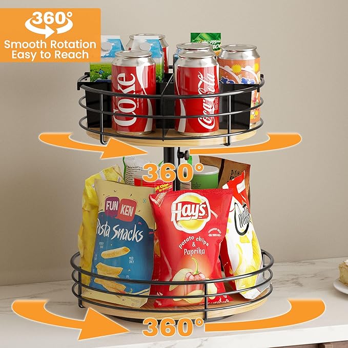 2 Tier Lazy Susan Turntable Organizer Adjustable - 12 Inch Snack Organizer Wood Rotating Spice Rack for Kitchen Countertop Pantry Cupboard Bathroom Coffee Bar Home Storage, Black