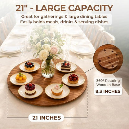 21" Acacia Wood Turntable Organizer | Lazy Susan for Table Top, Cabinet or Pantry | Wooden Rotating Tray for Kitchen Countertop, Durable, Easy to Clean, No Assembly Needed