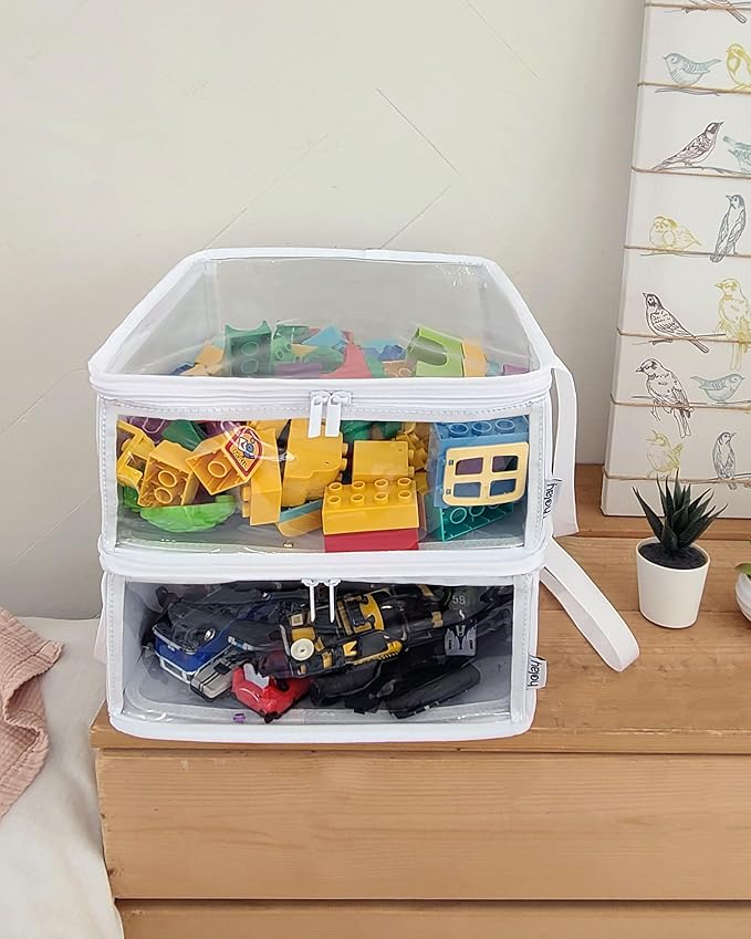 holay 2 Pack Foldable PVC Storage Bins with Transparent Lid & Handles, 12 x 12 x 6 Inch Organizer Boxes for Clothes, Toys & Books (White, Medium)