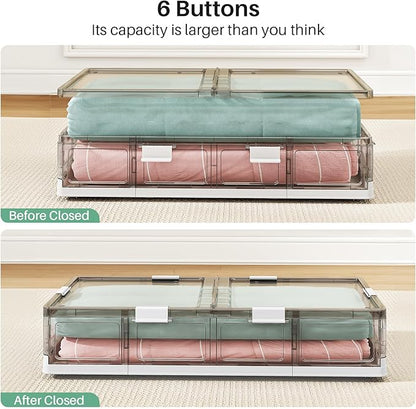 Kitstorack Plastic Under Bed Storage Containers,2 Pack Underbed Storage with Wheels,Foldable and Stackable Under Bed Organizer,Moisture and Dust-proof Storage Boxes for Clothes Shoes,13.6 Gal