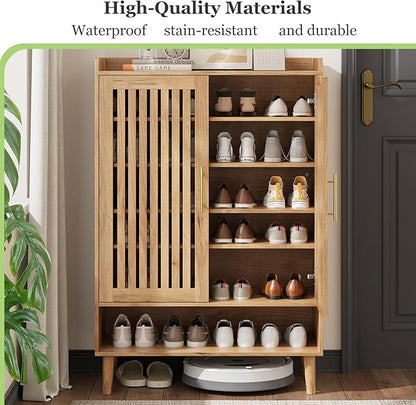 Shoe Cabinet, Large 6-Tier Shoe Storage Cabinet with Louvered 2 Doors, 44" Tall Freestanding Entryway Shoe Cabinet with Adjustable Shelves, Modern Shoe Organizer Cabinet, Shoe Rack Cabinet (Oak)